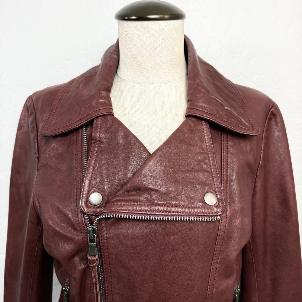 Womens Brown Leather Moto Jacket Asymmetrical Zip Y2K Flip Phone Pocket Size S - Picture 8 of 16